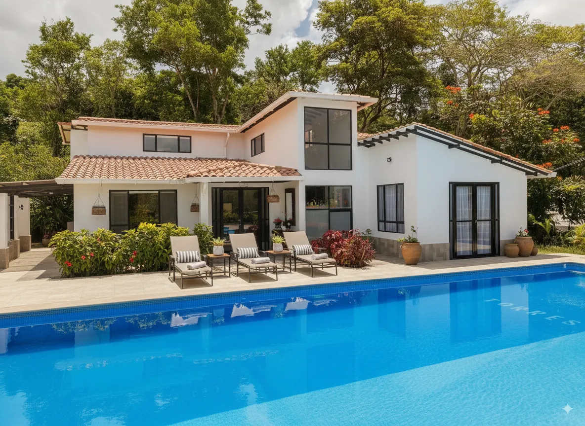 Casa campestre prefabricada de dos pisos con jardín